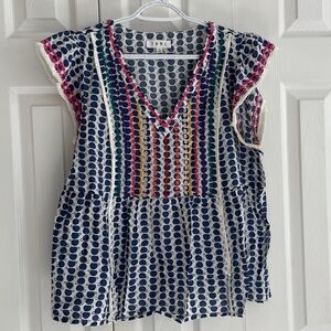 THML Sz L White Navy Dot V-Neck Relaxed Peplum Blouse w Multicolor Embroidery